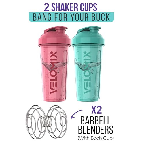 -2 Pack- 28 oz Protein Shaker Bottles for Protein Mixes - 2x Wire Whisk | Leak Proof Shaker Cups for Protein Shakes | Protein Shaker Bottle Pack (Pink/Turquise)