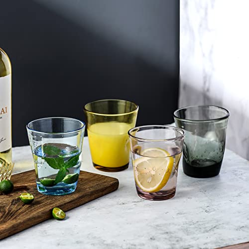 G Colorful Pinch Bubble Tumblers & Water Glasses Set Of 4, 11 Oz. Hand Blown Solid Color Vintage Glassware Fancy Unique Mixed Multi-Color Drinking Glasses Amber Blue Light Pink Smoke Grey #TOP2