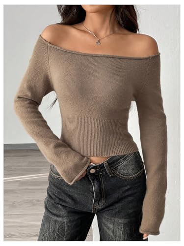 MakeMeChic Women's Off The Shoulder Rib Knitted Crop Top Long Sleeve Slim Fit Pullover Sweater3