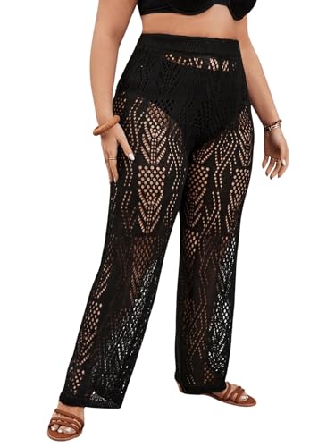 Women's Plus Size High Waisted Bathing Suit Cover Up Hollow Out Crochet Swim Cover Ups Pants Beachwear3