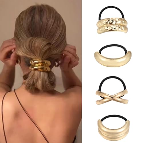 Metal Hair Ties, 4pcs Geometric Gold Metal Elastic Cuffs Wrap - T...