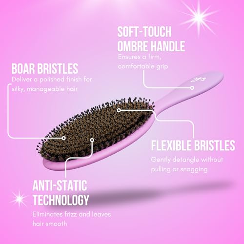 SimplyHair Ultimate Hair Extension Brush & Detangler Anti-Static, Dual Bristle Design, Soft Boar Bristle, Great for All Hair Types & Extensions - Pink & Purple Ombre Brush Ideal for Adults & Kids