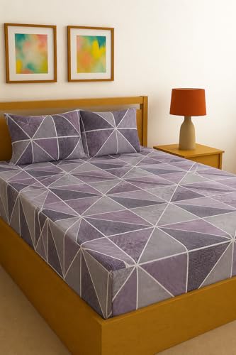 Image of Fitted Sheet Vine Geometric Print Fitted Bedsheet | Glace Cotton 140 TC | Single Size (36x75 inch) with 2 Pillow Covers (18x28 inch) | Deep Pocket up to 10 Inches - Soft & Comfortable