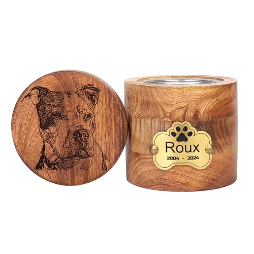 The Maryam Crafts Personalisierte hölzerne Haustier-Gedenkurne für Hunde, Katzen oder Rabbies – Individuelle Foto-Gravierte Haustierurne, braun, zylindrische Urne, 30,5 Kubikzoll
