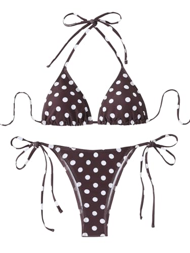 SEGT Women's Polka Dots Print Bikini Sets 2 Piece Sexy Swimsuit Halter Triangle Tie Side Bathing Suit Swimwear Brown M