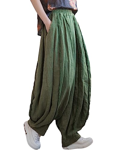 NFYM Women Cotton Linen Wide Leg Elastic Waist Patchwork Pumpkin Style Distressed Trousers