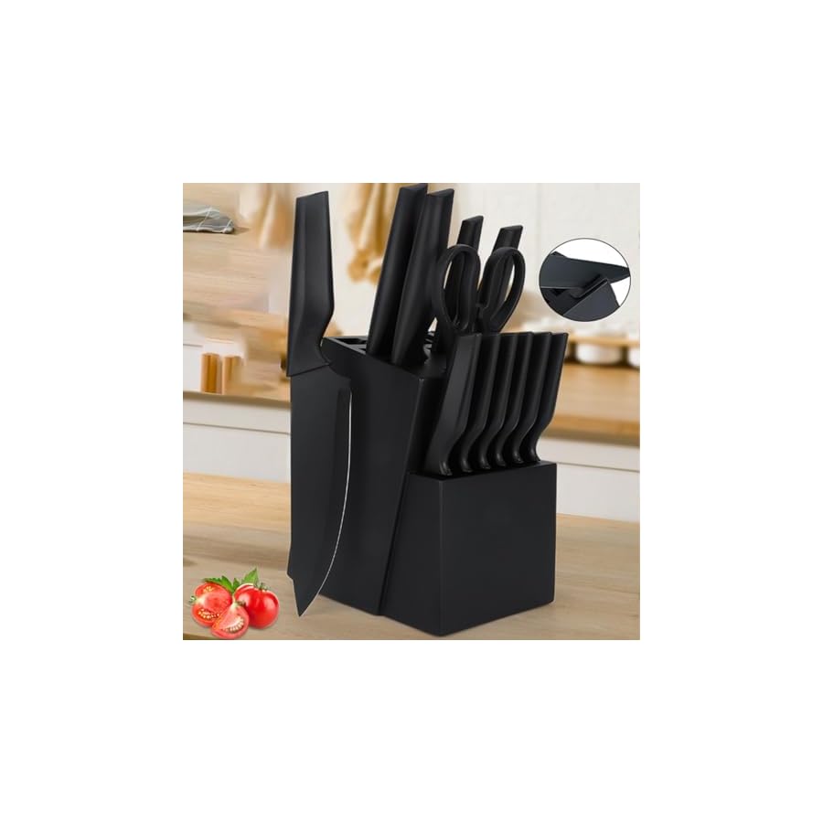 Knife Set, 14 Pieces Kitchen Knife Set with Built-in Sharpener Block, Self Sharpening Knives Sets, Stainless Steel Knife Block Set, Black