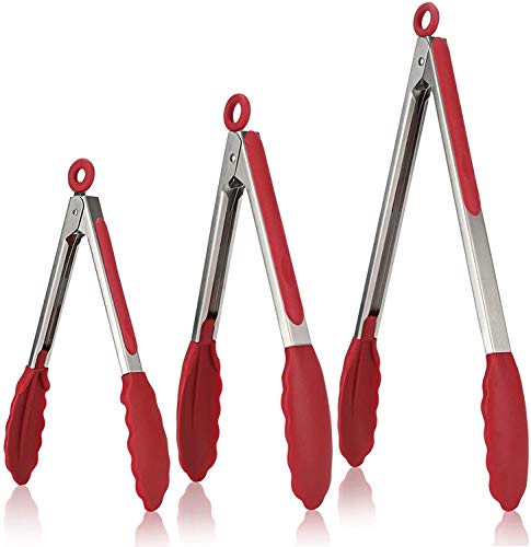 Karp Silicon & Stainless Steel Set of 3 Pieces – 7, 9 & 12 Inch Heat-Resistant Non-stick Cooking Tong, Salad , Buffet for Barbecue (Red)