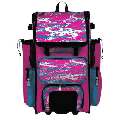 Boombah Rolling Superpack Baseball/Softball Gear Bag - Telescopic Handle - Holds 4 Bats - Wheeled Version - Razor Fluorescent Pink/Cyan/White