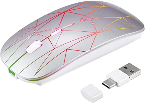 Souris sans fil, double port USB et type C 2 en 1, souris rechargeable silencieuse avec rétroéclairage LED coloré, 3 DPI réglables, Windows PC, ordinateur portable (argent) Cover