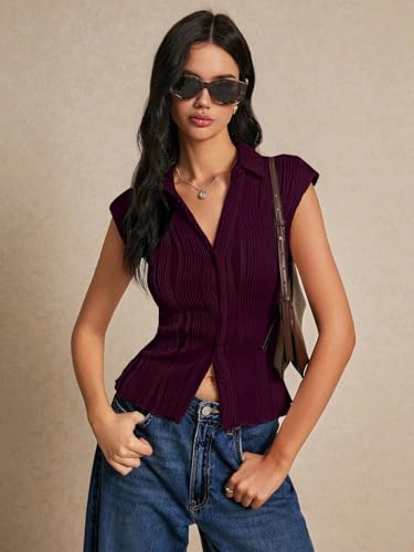 Image of GRECIILOOKS Korean Tees for Women | Tops for Woman | Collared Casual Summer Tops for Women Western | Knitted Top Button-Up Short Sleeve Crop Top |Summer Stylish Texture Korean Knit Tee