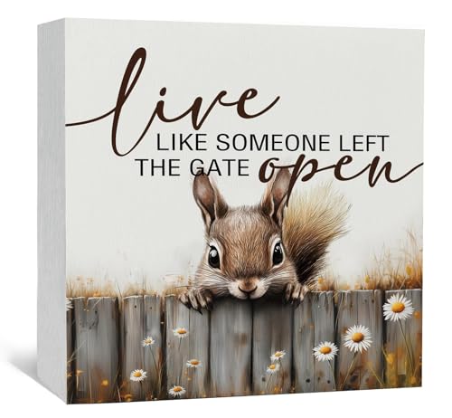Squirrel Sign - Squirrel Gifts For Women, Live Like Someone Left The Gate Open Wooden Box Signs, Farmhouse Wood Decoration Home Decor For Desk Table Shelf 8x8 Inch Decorative Signs & Plaques