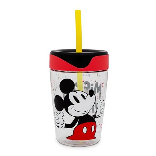 Disney Mickey Mouse - Vaso de viaje de plástico para niños con tapa resistente a derrames y popote reutilizable, capacidad para 18 onzas