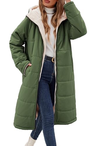 Vancavoo Wintermantel Damen Lang Winterjacke Warm Gefüttert Winterparka Winter Jacke Mantel Parka Steppmantel Daunenmantel mit Kapuze,Armee Grün,L