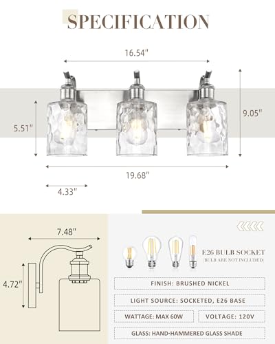 Image of Bathroom Vanity Light Fixtures Over Mirror 3-Light Hammered Glass Wall Mounted Modern Brushed Nickel - VL01BNH-3