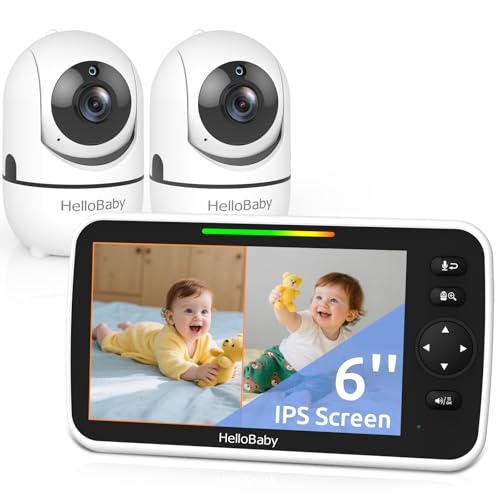 Image of HelloBaby Baby Monitor 2 Cameras, 6'' World First IPS Split-Screen 30H Battery, No WiFi 2-Way Audio, Video, VOX, Double Cameras Pan-Tilt-Zoom, Night Vision, 8 Lullabies, 1000ft for Twins