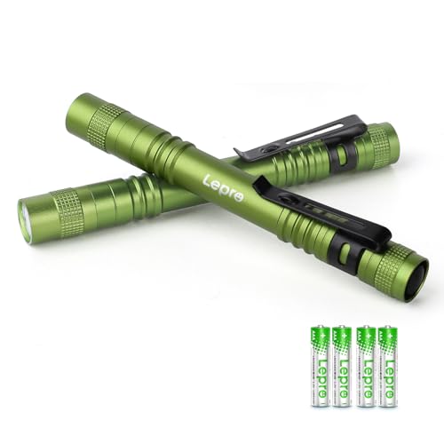 Lepro LED Torch Battery Powered, 2 Pack Pen Torch with Clip - Small Flightlight, 3 Modes, IP44 Waterproof for Camping, Emergencies, Repairs, Dog Walking, Power Cuts (Batteries Included), Gre