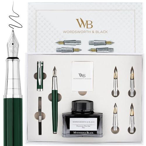Image of Wordsworth & Black Fountain Pen Gift Set, Includes Ink Bottle, 6 Ink Cartridges, Ink Refill Converter, 4 Replacement Nibs, Premium Package, Journaling, Calligraphy, Smooth Writing Pens [Green Chrome]