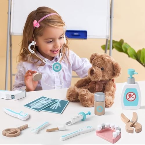 Image of Wudly 34-Piece Wooden Doctor Kit for Kids - Pretend Play Medical Set with Stethoscope & Accessories - Educational Toy for Toddlers, Boys & Girls Ages 3+