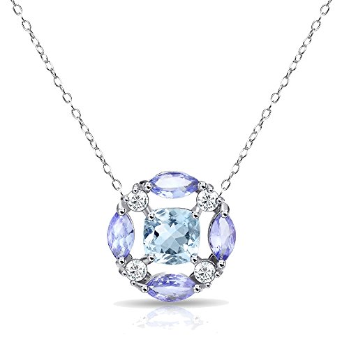 GemStar USA Sterling Silver Blue Topaz and Amethyst Necklace with White Topaz Accents