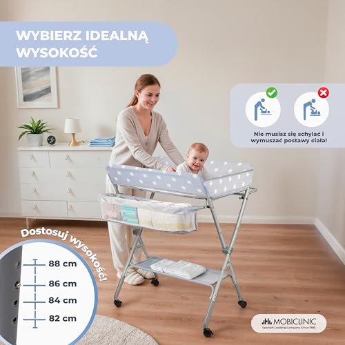 Mobiclinic®, Stół do Przewijania Niemowląt, Składany, Regulowana Wysokość, Do 15 kg, 0–36 Miesięcy, Organizer na Pieluchy, Kółka 360° z Hamulcem, Uprząż i Barierka Zabezpieczająca, Zmywalny, Zoey
