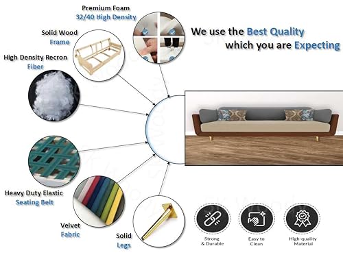Image of Black Wood Modern Mid Century Velvet 3 Seater Sofa with Three Colour Shade with Extended Warranty for Bedroom, Living Room, Dining Room (Brown Beige Grey, 3 Seater)