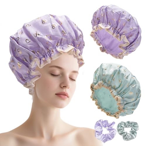 CHAOFANXI 2 Sets Shower Caps for Women Girls, Reusable Shower Cap, Environmental Protection Hair Bath Caps, Double Waterproof Layers Bathing Hat, Large Size for All Hair Lengths, Green Purple