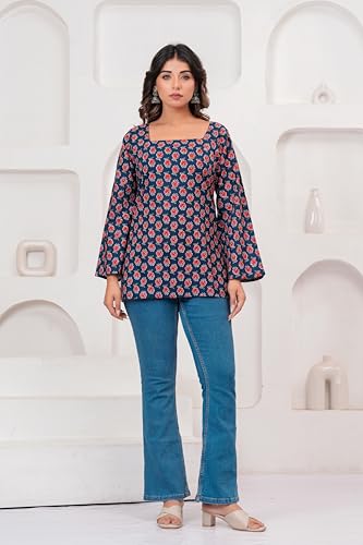 Image of Women's Blue & Red Printed Cotton Short Kurti | Bell Sleeve Straight Kurta | Pure Cotton Casual