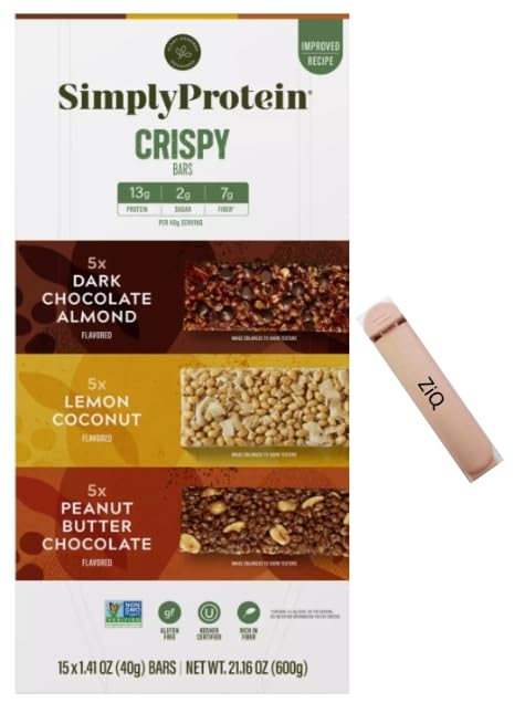 Simply Protein - Barras crujientes de 1.41 onzas, variedad de 15 unidades (chocolate con mantequilla de cacahuete, coco y limón y sal marina de