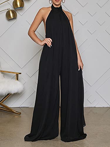 Ekaliy Women'S Sexy Summer Jumpsuit Halter Neck Sleeveless Chiffon Wide Leg Long Pant Jumpsuit Romper One Piece Party Outfit Black Large thumb #1