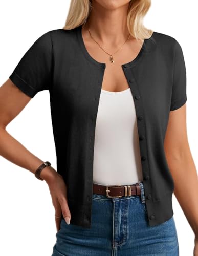 Womens Short Sleeve Cardigan Crew Neck Basic Casual Button Down Knit Soft Sweater
