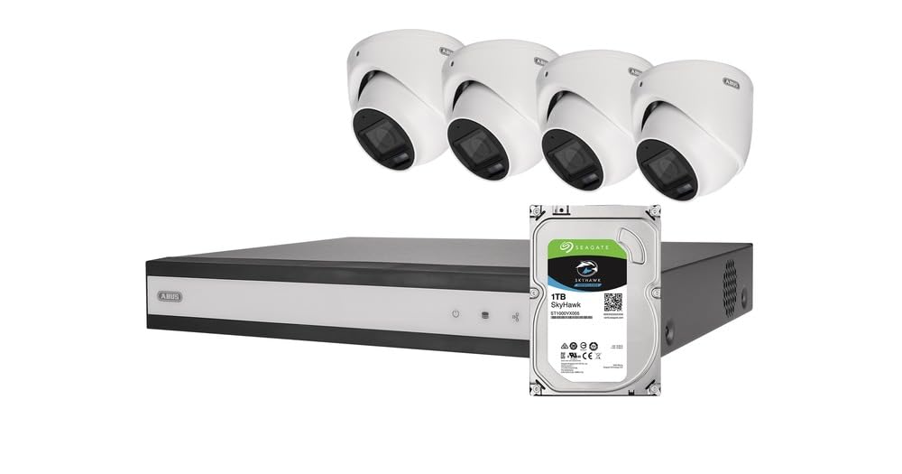 ABUS Videoüberwachung Set 8-Kanal – 4X Mini-Dome Kameras + Hybridrekorder mit 1TB HDD – Analog HD, Bewegungserkennung, Nachtsicht, App-Zugriff, inkl. Kabel & Netzteile, TVVR33843D
