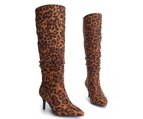 Women's Mid-High Stiletto 3ins Heel Pointed Toe Footwears Side Zipper Pleated Wrinkled Shaft Shoes Soft Comfortable Leopard Suede Leather Sexy Long Thigh High Boots and Fashion Tall Knee High Booties2