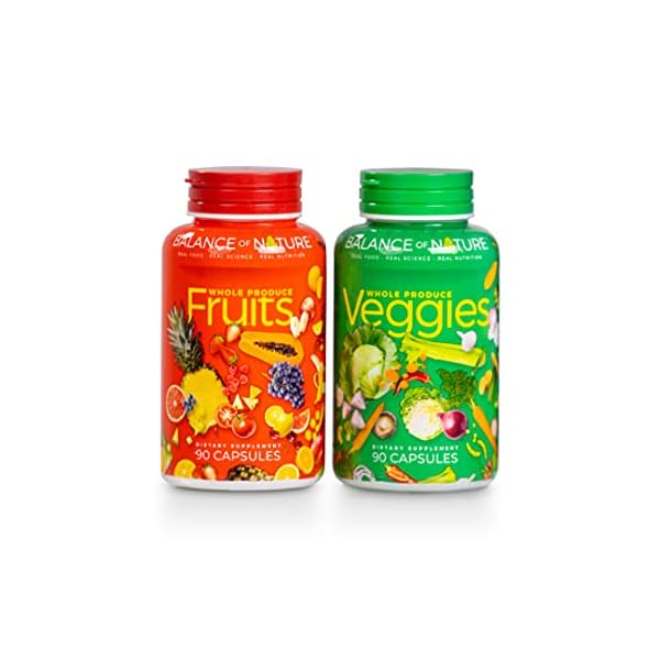 Balance-Of-Nature-Fruit-and-Vegetable-Supplements-90-Fruit-and-90-Veggie-Capsules-Green-and-Red-Superfood-Better-Than-A-Multivitamin-Vegan-No-Fillers-or-Extracts-100-Natural-Whole-Food Balance of Nature Fruits and Veggies - Whole Food Supplement with Superfood Fruits and Vegetables for Women, Men, and Kids - 90 Fruit Capsules, 90 Veggie Capsules - 1 Set