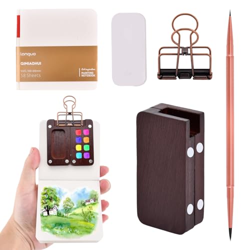8-Slot Wooden Paint Palette Set with Sketch Book, Artist Brush & Binder Clips | Portable Watercolor Travel Art Kit for Adults, Students, Outdoor Painting (No Paints Included)