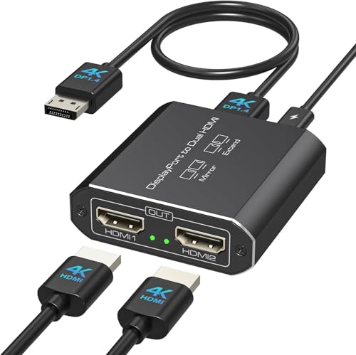 JCYMELE DisplayPort auf Dual HDMI Adapter für Zwei 4K@60Hz Bildschirme, Display Port zu 2 HDMI Splitter 2 Monitore Gleichzeitig Erweitern für Computer grafikkarten Unterstützt MST & SST Modus