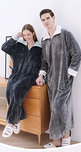 sunongvt Mens Fleece Robe Plush Long Zip Front Bathrobe with Pockets Warm Soft Zippered Bathrobes for Men2