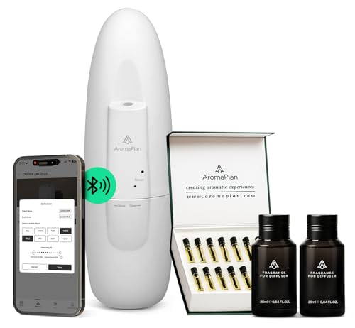AromaPlan 5 Star Collection Plug in Diffuser (Fragrances+Sample Set Included)-Cold Air & Waterless Diffusers for Home & Office- Silent Wall Diffuser Plug in Bluetooth App Control 500 sq. Ft (White)