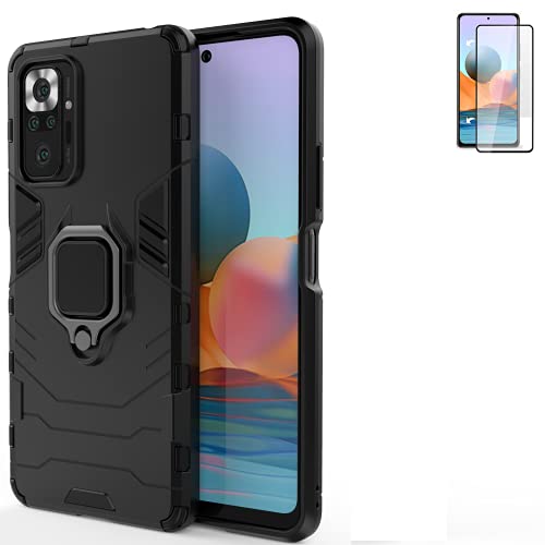 for Xiaomi Redmi Note 10 Pro Case with Glass Screen Protector,Hybrid Heavy Duty Shockproof Armor Dual Layer Protection Defender Back Case Cover for Redmi Note 10 Pro Max with Mount Kickstand (Black)