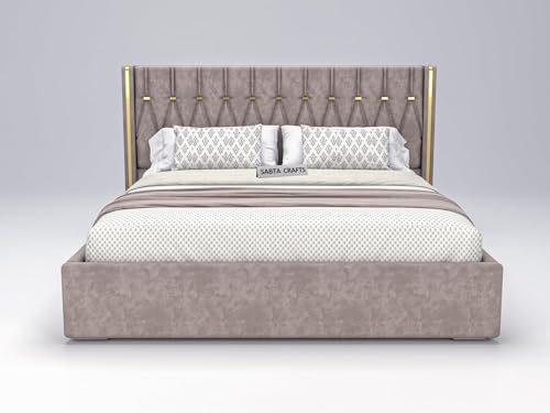 Image of Modern Upholstered King Size Bed with Box Storage for Bedroom | Wooden Double Bed with Storage | Platform Cot Bed with Upholstery Premium Fabric | Sheesham Solid Wood, (Brown), 6.5 x 6 Ft