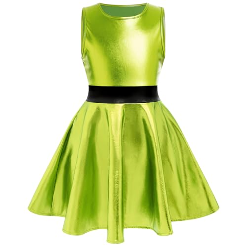 Girl Shiny Metallic Dress Toddler Sleeveless Holographic 80s Sparkly Dance Outfits Kids Alien Space Pleated Skirt Carnival Rave Twirl Swing Dress 90s Prom Skater Mini Dress Green 11-12 Years