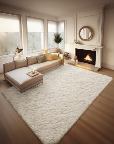 Ophanie 8x10 Area Rugs for Living Room, Upgrade Non-Slip Fluffy Soft Large Shag Bedroom Carpet, Ivory Big Indoor Thick Nursery Rug, Carpets for Boy and Girls Room Dorm Home Decor Aesthetic