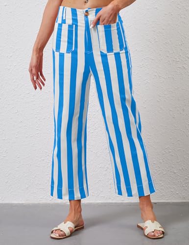Womens Cropped Striped Jeans High Waisted Strechy Wide Leg Capri Jeans Straight Flare Ankle Denim Pants with Pockets3
