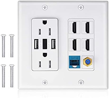 2 Power Outlet 15A with Dual 2.4A USB Charger Port Wall Plate with LED Lighting, IQIAN 4 HDMI HDTV + 1 CAT6 RJ45 Ethernet + Coaxial Cable TV F Type Keystone Face Plate White
