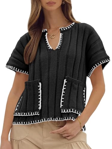 Yousify Womens 2025 Cap Sleeve Sweater Tops Color Constrast Textured Lightweight Pullover Sweaters Summer Clothes