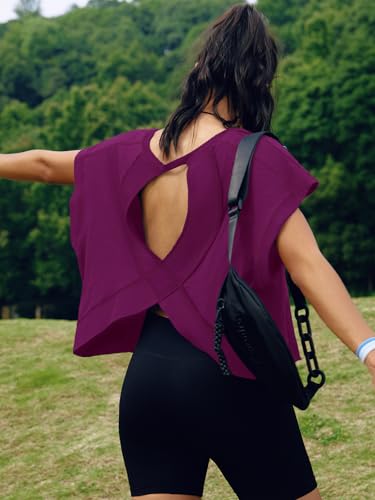 Image of SENSERISE Womens Open Back Workout Tops Backless Short Sleeve Athletic Shirt Running Crop Top Gym Yoga Tee
