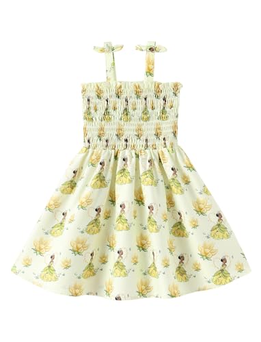 Disney Princess Tiana Toddler Girl Dress Light Green Lotus Frog Print Bow Tie Straps Smocked Sundress Birthday Park Casual Summer Outfit Clothes 4-5T