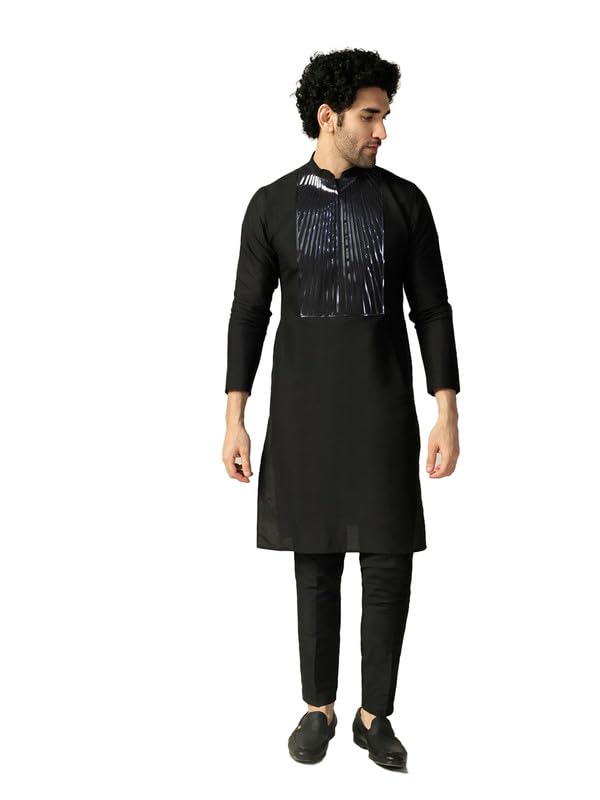 kisah Men's Kurta Trouser Set, Cotton Blend, Embellished Regular Fit Mandarin Collar Long Sleeves-picture-32