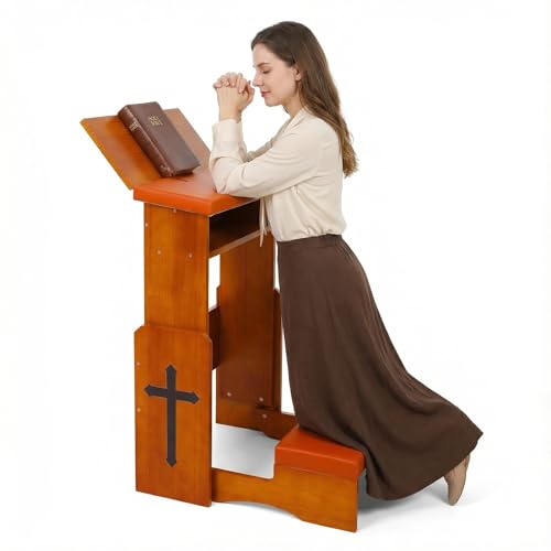 Fanwer Folding Prayer Bench for Home Use - Adjustable Wooden Kneeler for Prayer & Meditation, Compact Kneeling Altar with Bookshelf, Ideal for Church, Chapel, or Personal Devotion