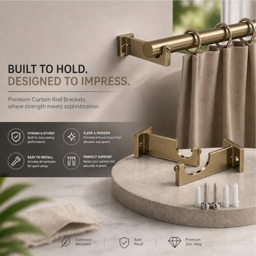 Image of Urban Elite Aluminum Curtain Rod Brackets - Heavy-Duty Wall Mount Clamps for Curtain Rod Support for Door and Window Curtain Rods with Screw and Wall Plug - Pack of 2PCS (EliteCurve) (Brass Antique)